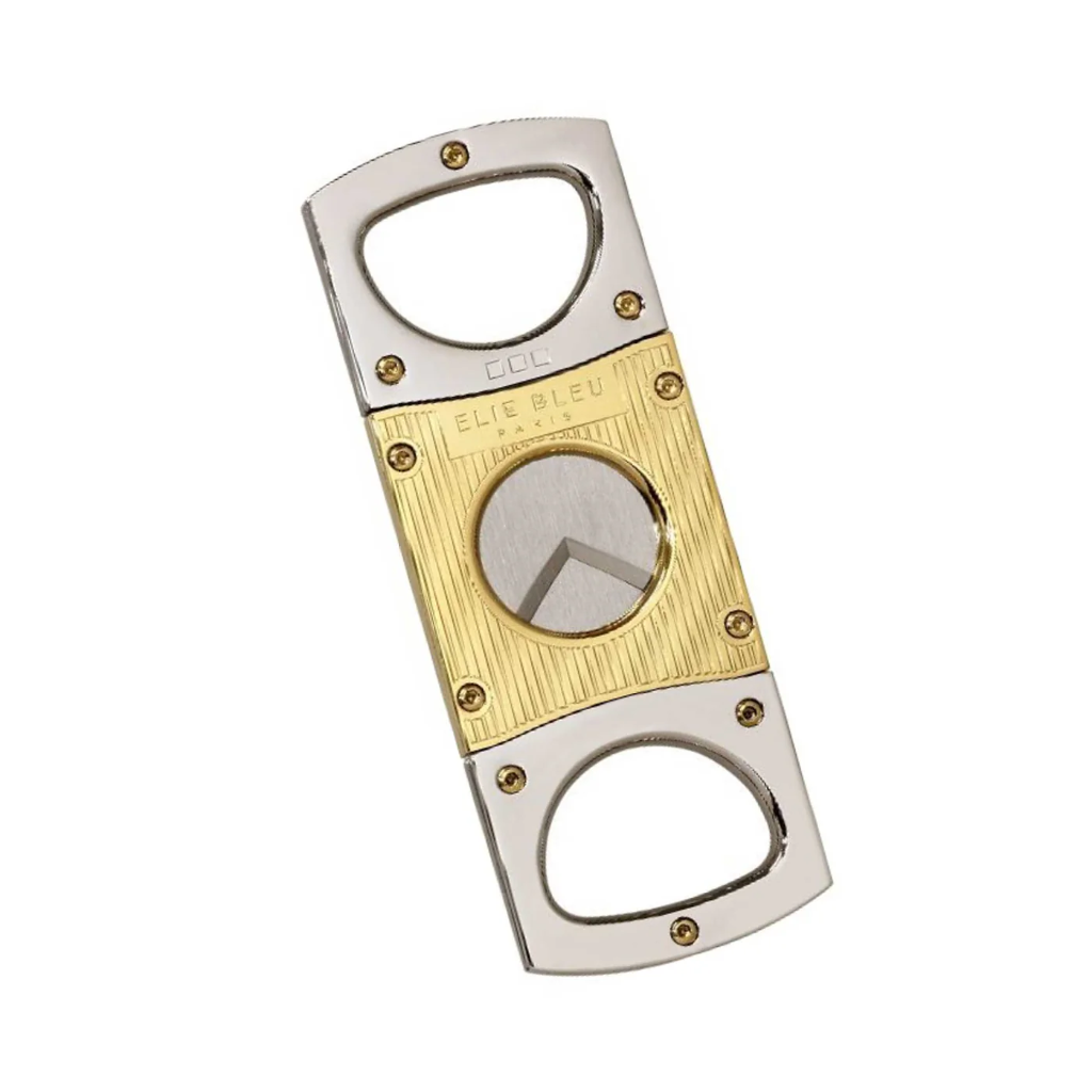 CIGAR CUTTER STAINLESS POLISHED / GOLD PINSTRIPE LINES