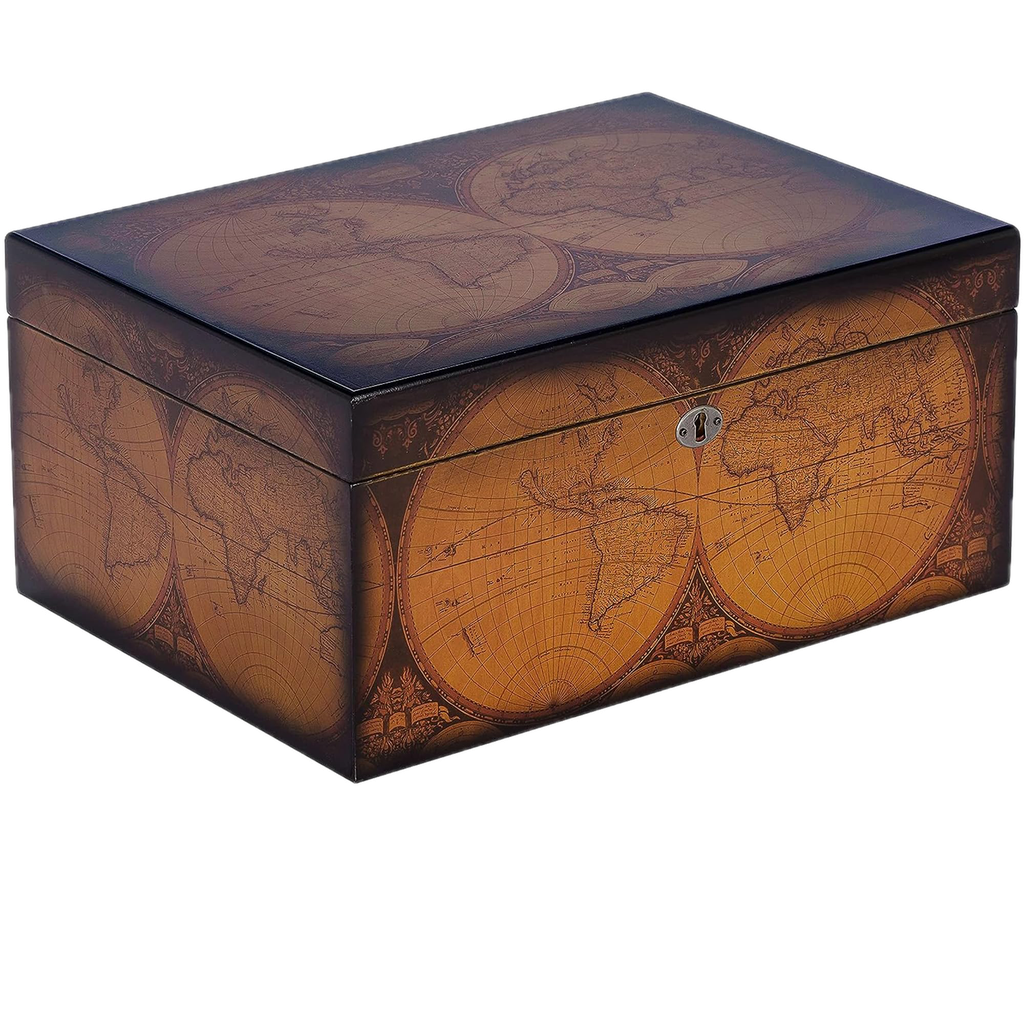 [HUM-OLD WORLD-BOV] HUMIDOR SUPREME OLD WORLD, 55-95 CIGAR CAPACITY HUMIDOR, ANTIQUE MAP PHOTOFINISH