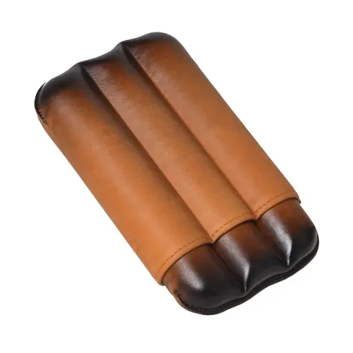 [CS039] HONEY LEATHER CASE FOR 3 CIGARS (RING 27 mm) 